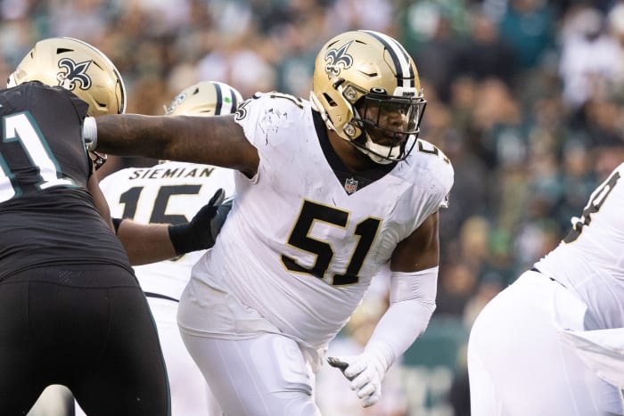 New Orleans Saints guard Cesar Ruiz (51) blocks against the Philadelphia Eagles. Mandatory Credit: Bill Streicher-USA TODAY Sports